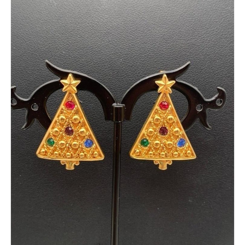 Vintage Avon Gold Tone & Rhinestones Christmas Tree‎ Stud Earrings